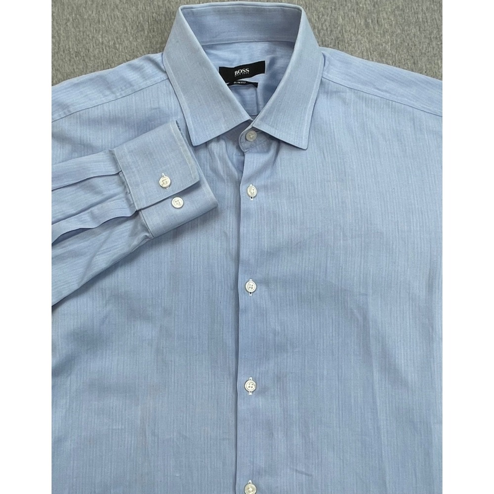 Hugo Boss Shirt Men 15.5 - 34/35 Blue Herringbone 100% Cotton Slim Fit Button Up